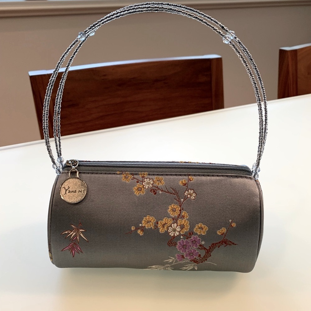 Elegant Japanese Gray Floral Clutch with Beaded Handle